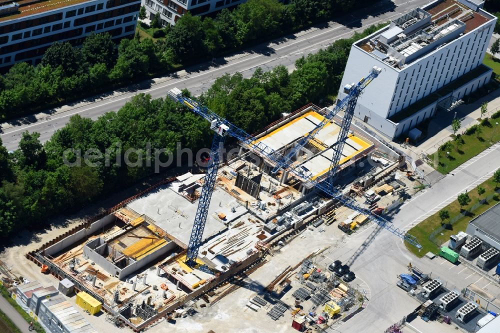 München from above - Residential construction site with multi-family housing development- on the on Domagkstrasse in the district Schwabing-Freimann in Munich in the state Bavaria, Germany