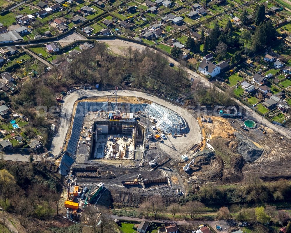 Essen from the bird's eye view: Construction site for the new building Sewage canal system on Grieperstrasse in the district Bochold in Essen in the state North Rhine-Westphalia, Germany