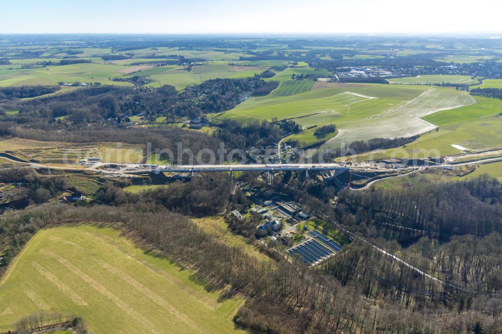 Heiligenhaus from above - New construction of the Highway - motorway bridge Angerbachtalbruecke of the BAB A44 in Hofermuehle in the state North Rhine-Westphalia, Germany