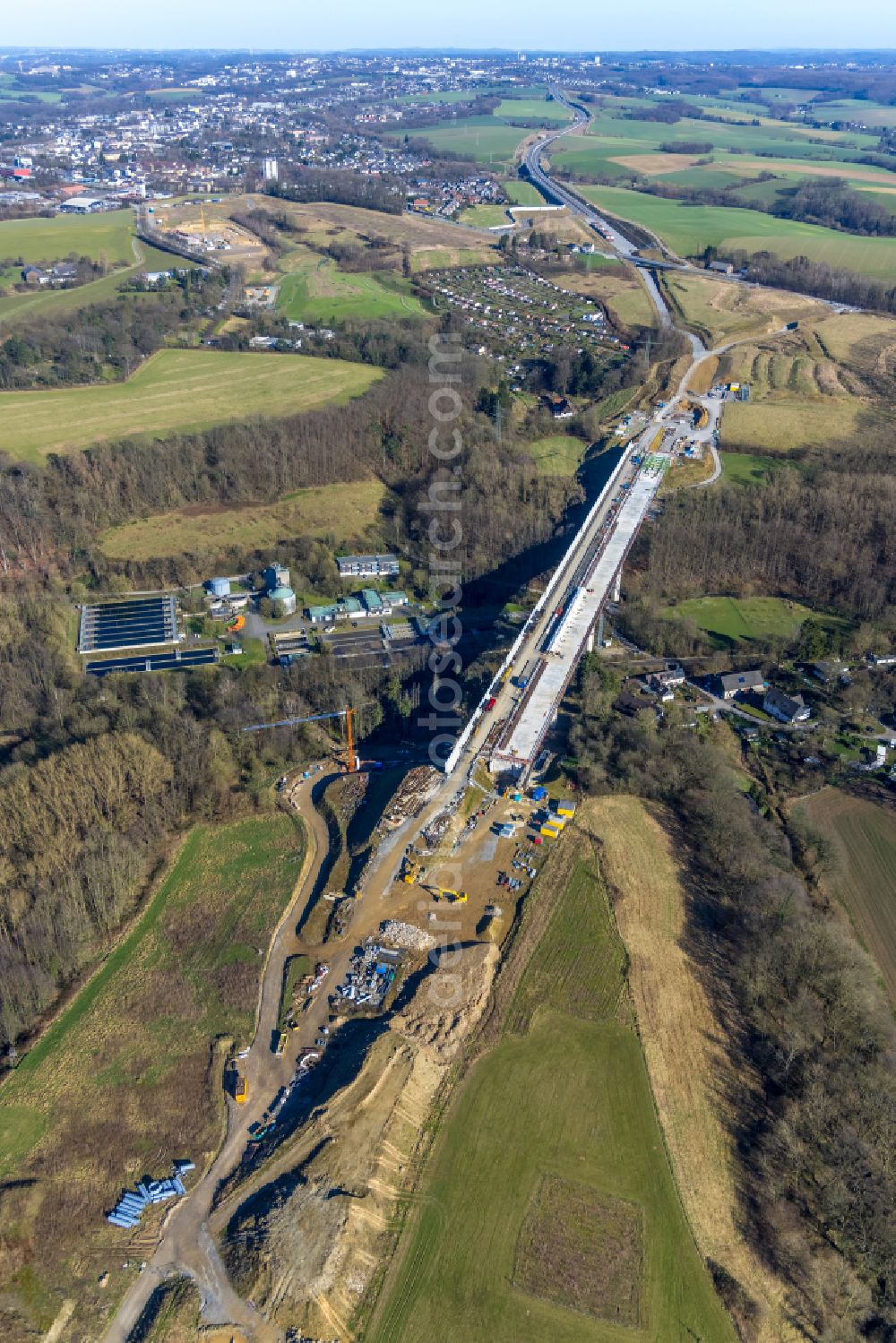 Heiligenhaus from above - New construction of the Highway - motorway bridge Angerbachtalbruecke of the BAB A44 in Hofermuehle in the state North Rhine-Westphalia, Germany