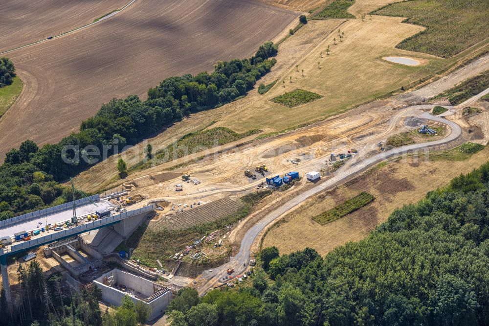 Heiligenhaus from above - New construction of the Highway - motorway bridge Angerbachtalbruecke of the BAB A44 in Hofermuehle in the state North Rhine-Westphalia, Germany