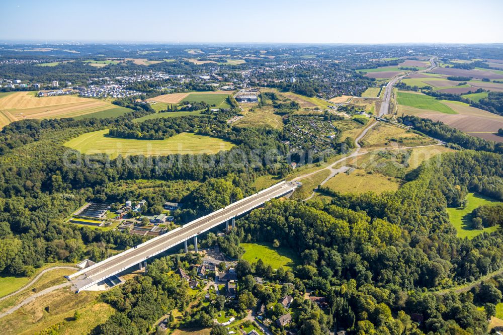 Heiligenhaus from above - New construction of the Highway - motorway bridge Angerbachtalbruecke of the BAB A44 in Hofermuehle in the state North Rhine-Westphalia, Germany