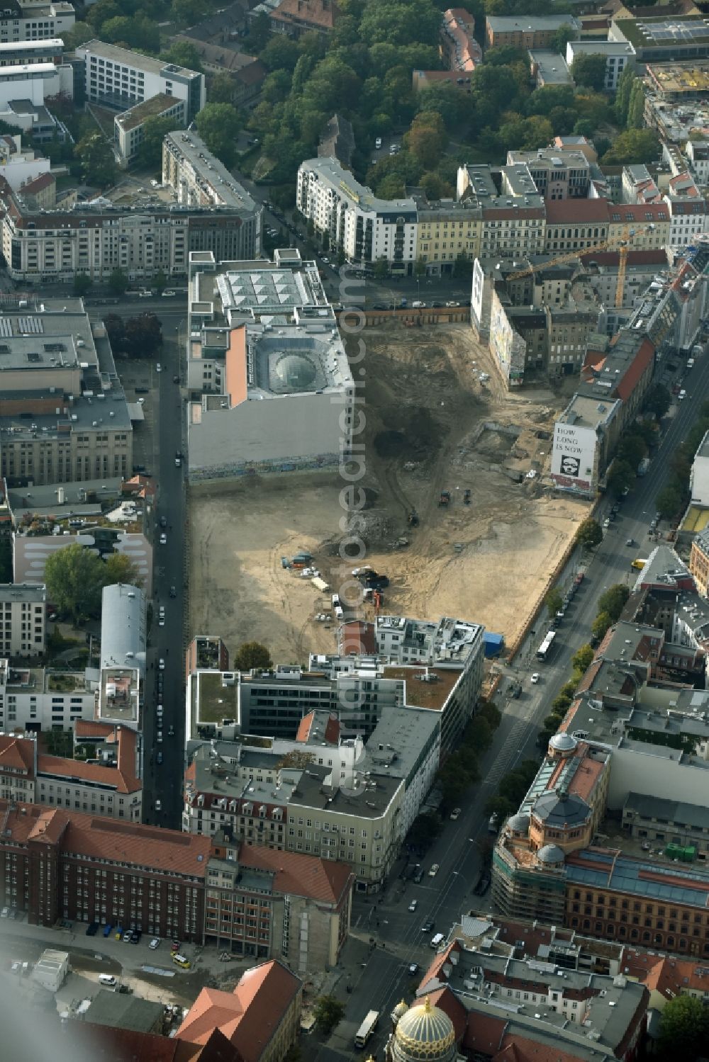 Berlin from the bird's eye view: Construction site for the new building Areal on Tacheles on Oranienburger Strasse in the district Mitte in Berlin, Germany