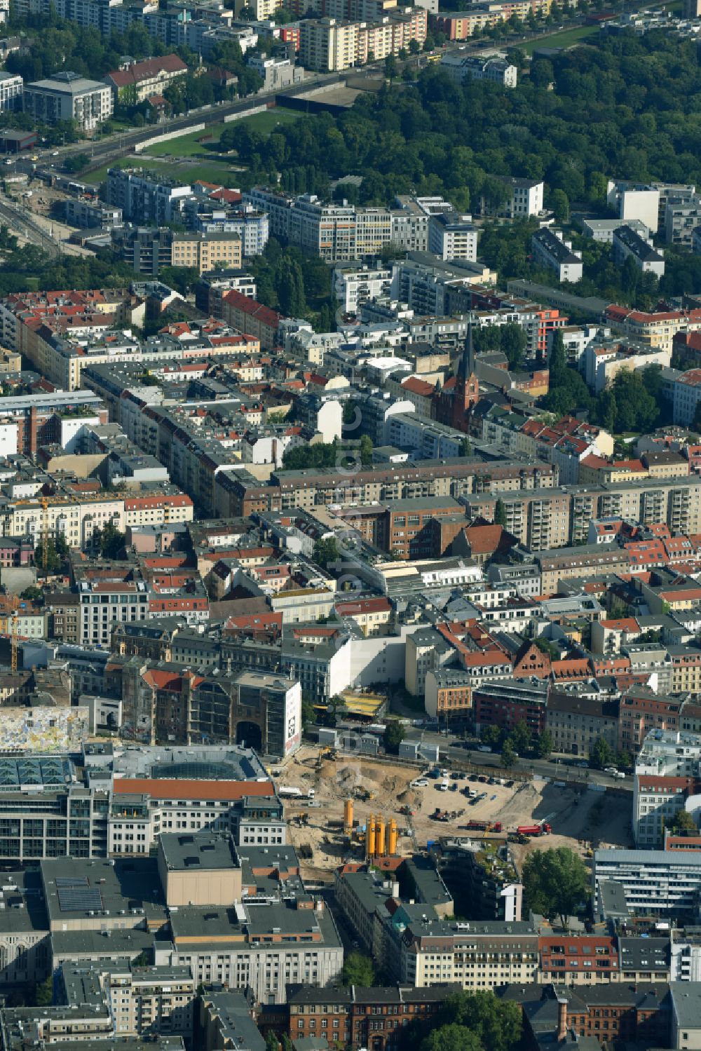 Berlin from the bird's eye view: Construction site for the new building Areal on Tacheles on Oranienburger Strasse in the district Mitte in Berlin, Germany