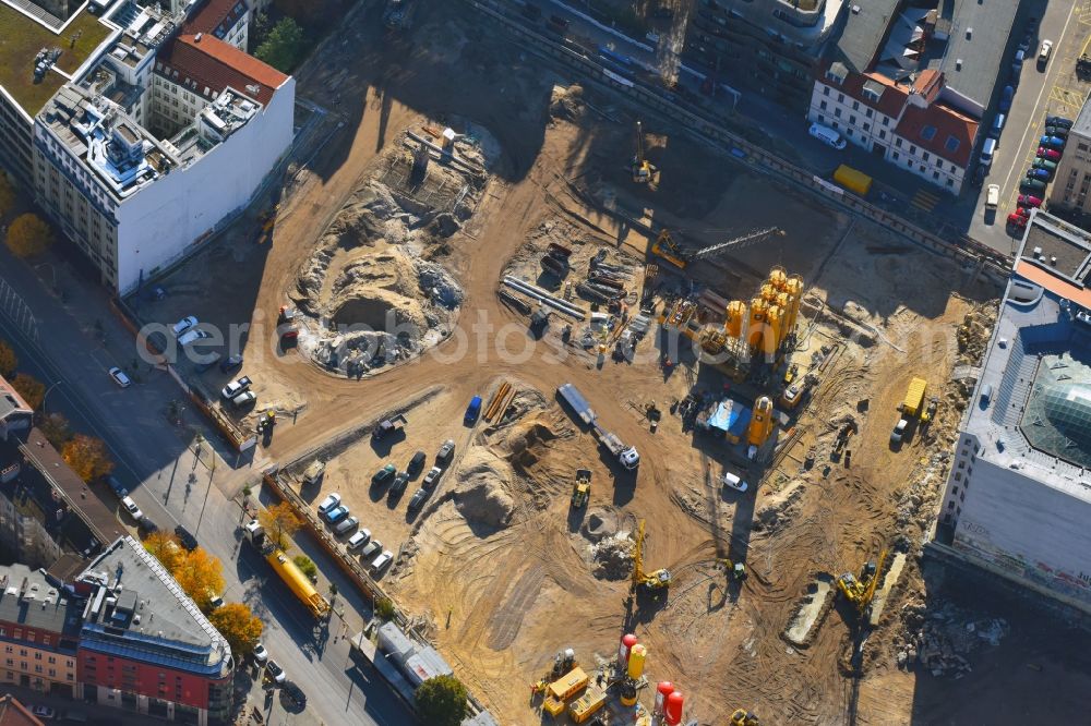 Berlin from the bird's eye view: Construction site for the new building Areal on Tacheles on Oranienburger Strasse in the district Mitte in Berlin, Germany