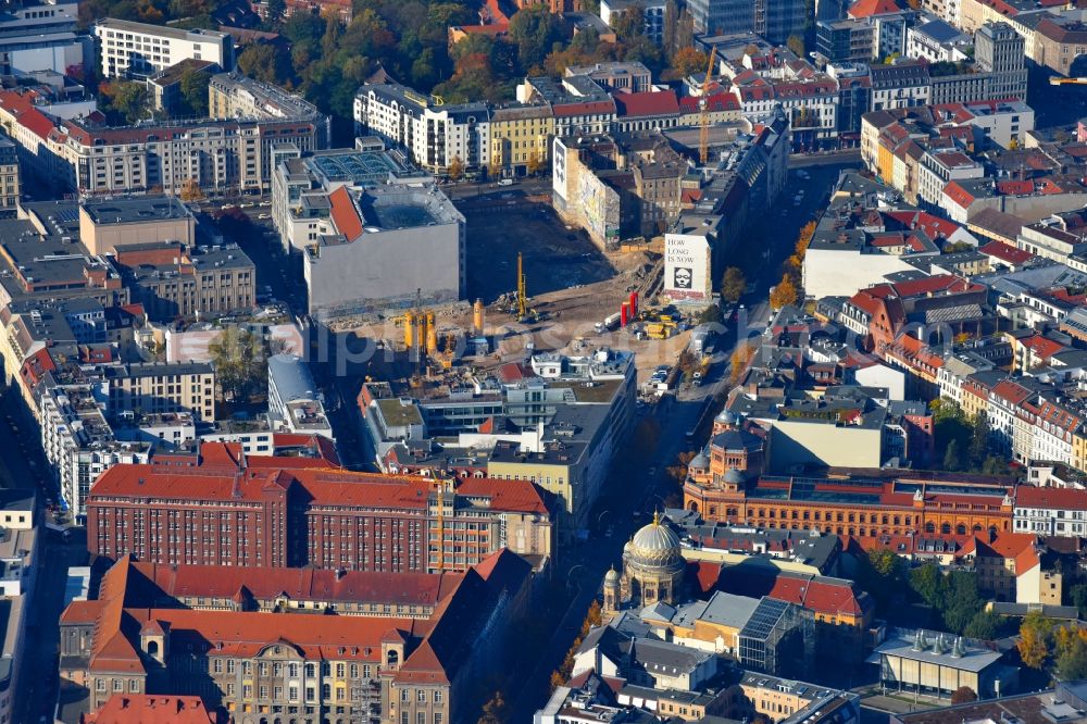 Berlin from the bird's eye view: Construction site for the new building Areal on Tacheles on Oranienburger Strasse in the district Mitte in Berlin, Germany