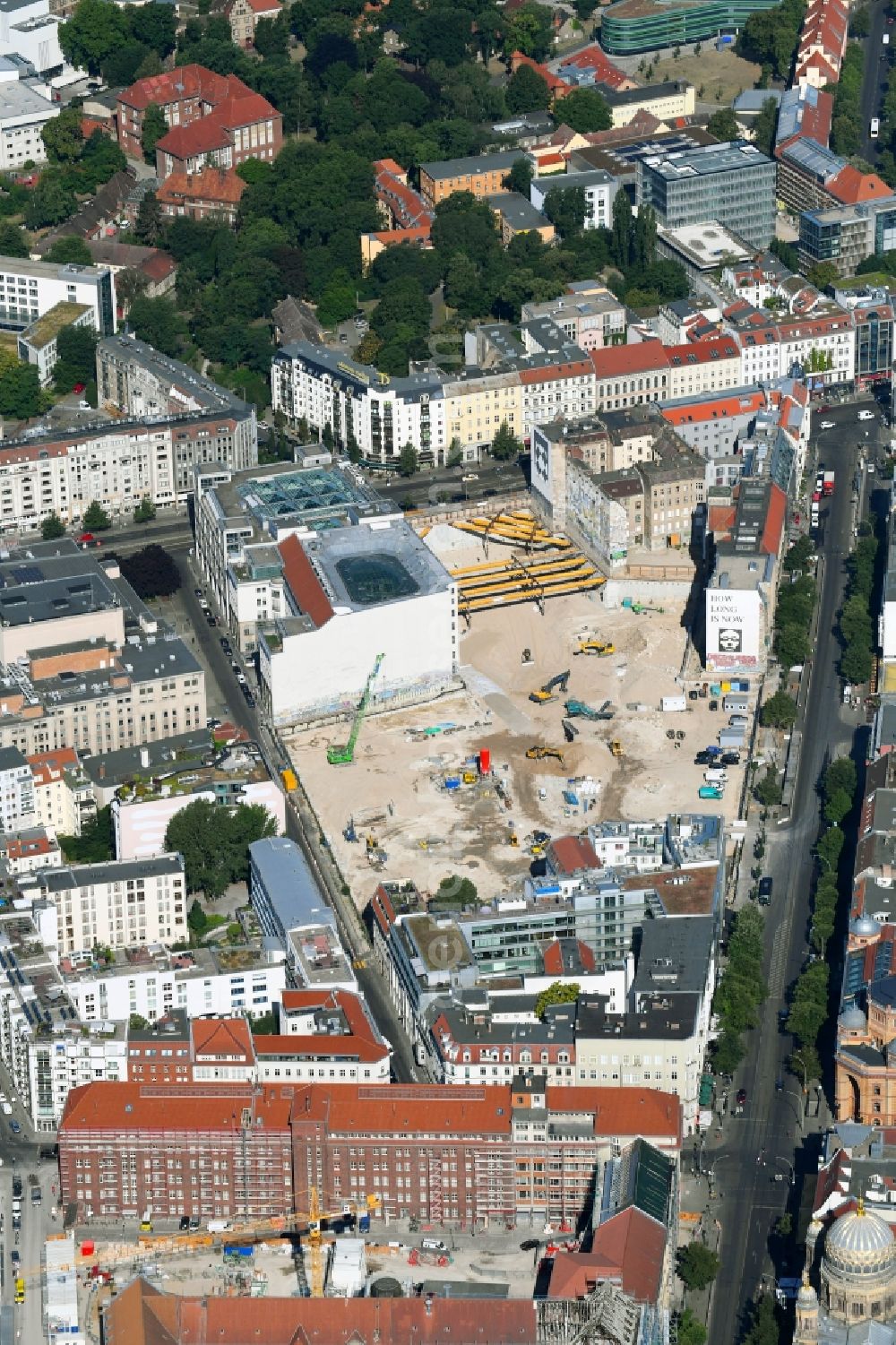 Berlin from above - Construction site for the new building Areal on Tacheles on Oranienburger Strasse in the district Mitte in Berlin, Germany