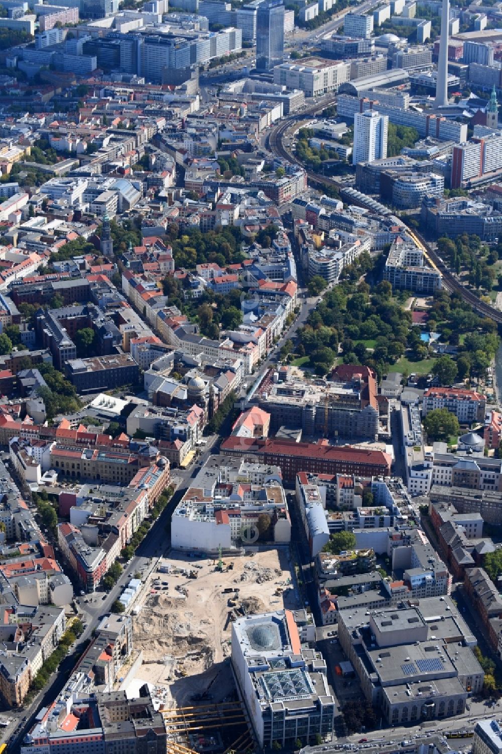 Berlin from the bird's eye view: Construction site for the new building Areal on Tacheles on Oranienburger Strasse in the district Mitte in Berlin, Germany