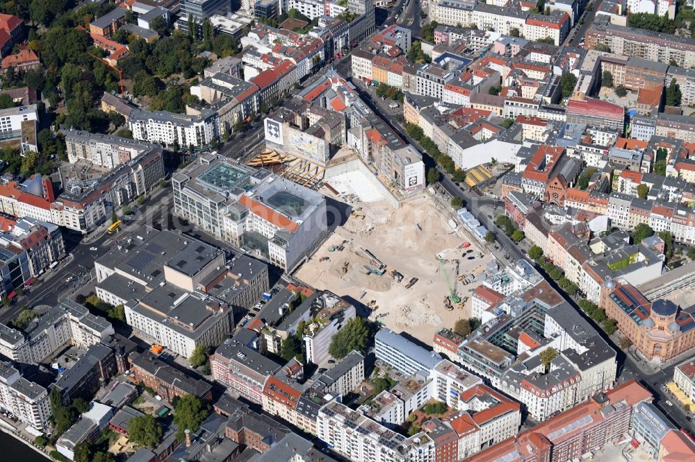 Berlin from the bird's eye view: Construction site for the new building Areal on Tacheles on Oranienburger Strasse in the district Mitte in Berlin, Germany