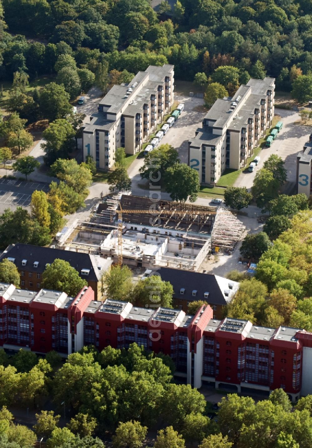 Berlin from above - Construction of a training building and a sports hall on the grounds of the police police school of the Berlin police on the Charlottenburger Strasse in the district Ruhleben in Berlin