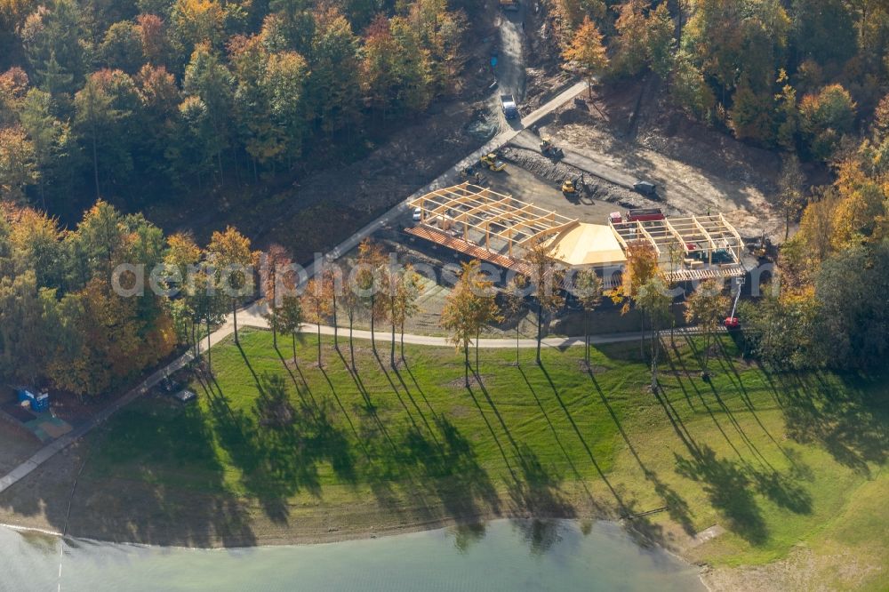 Meschede from above - Construction site for the new building gastronomy H1 am See lokation and restaurant on Hennesee in Meschede in the state North Rhine-Westphalia, Germany