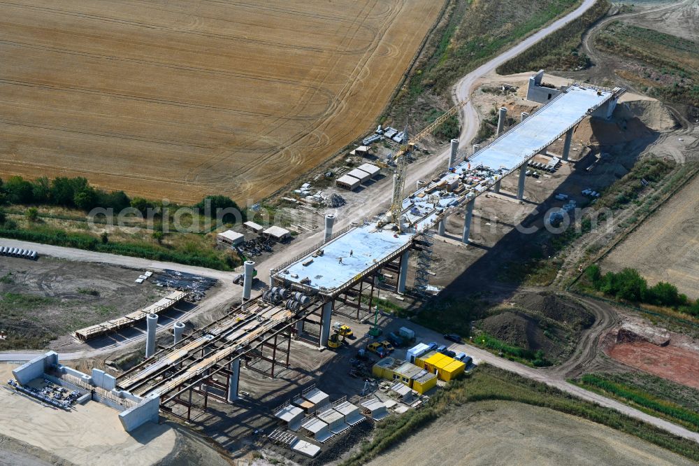 Salzmünde from the bird's eye view: New construction of the motorway route of BAB A143 Westumfahrung in Salzmuende Salzatal in the state Saxony-Anhalt, Germany