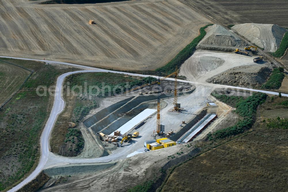 Aerial image Salzmünde - New construction of the motorway route of BAB A143 Westumfahrung in Salzmuende Salzatal in the state Saxony-Anhalt, Germany