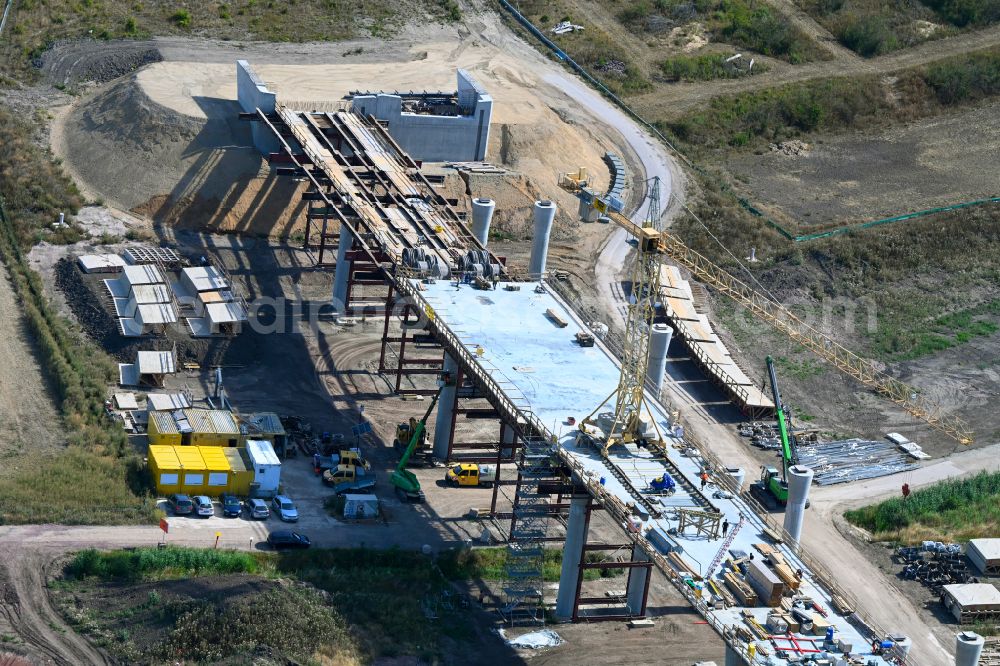 Salzmünde from above - New construction of the motorway route of BAB A143 Westumfahrung in Salzmuende Salzatal in the state Saxony-Anhalt, Germany