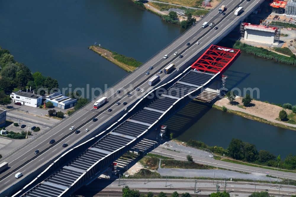 Aerial image Heilbronn - New construction of the Highway - motorway bridge of the Neckartalbruecke of BAB A6 in Heilbronn in the state Baden-Wurttemberg, Germany