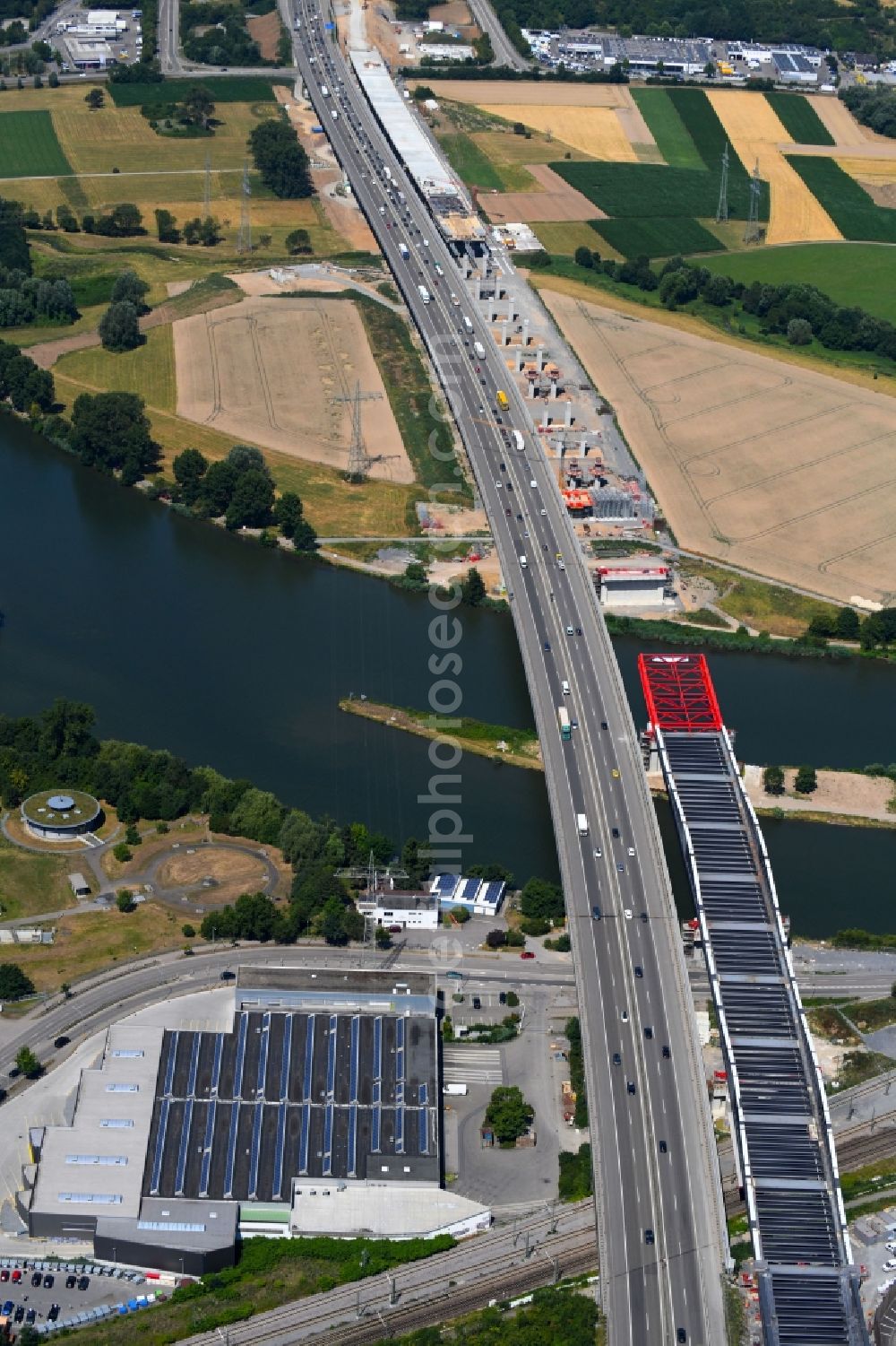 Aerial image Heilbronn - New construction of the Highway - motorway bridge of the Neckartalbruecke of BAB A6 in Heilbronn in the state Baden-Wurttemberg, Germany