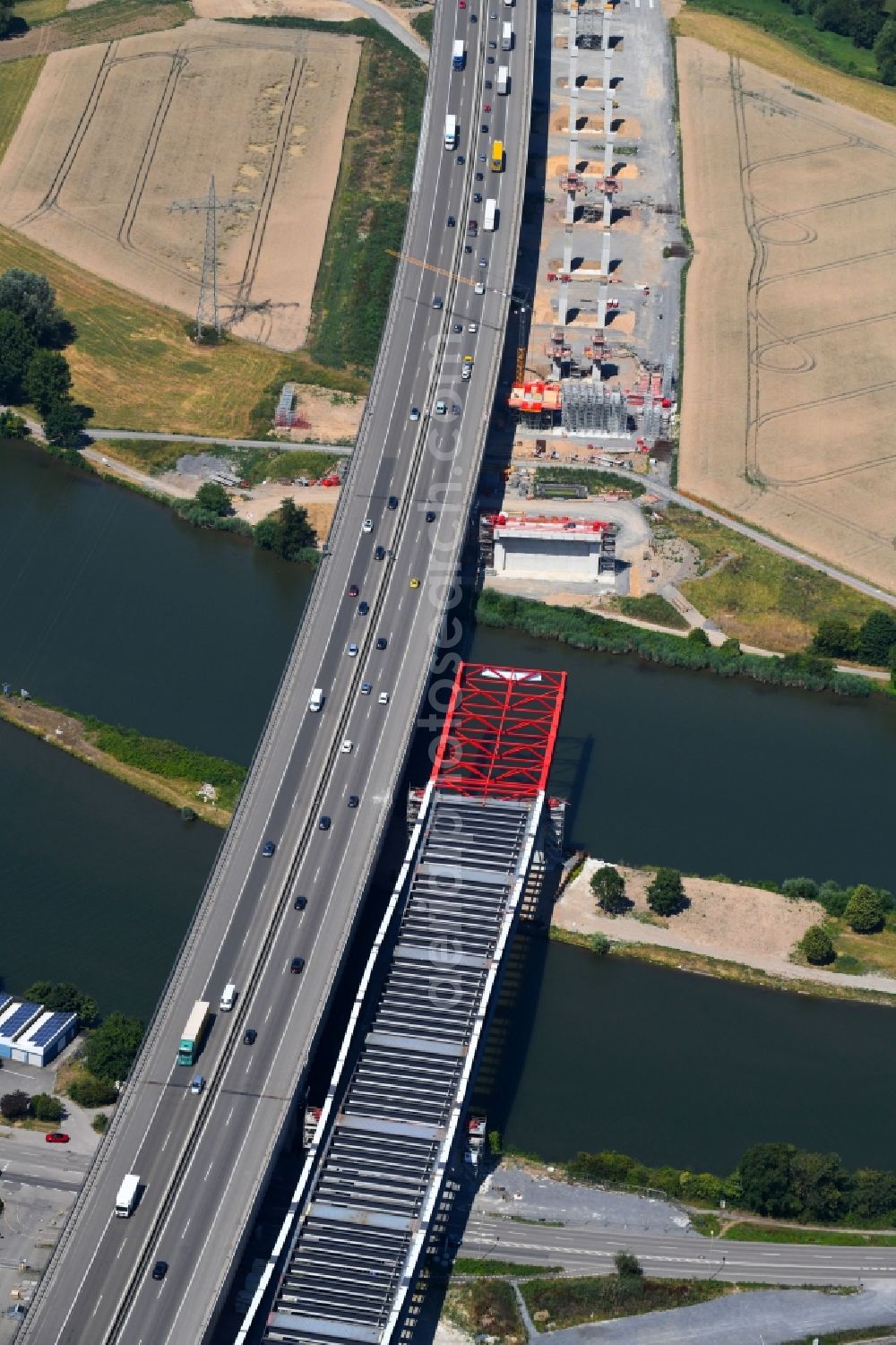 Heilbronn from above - New construction of the Highway - motorway bridge of the Neckartalbruecke of BAB A6 in Heilbronn in the state Baden-Wurttemberg, Germany