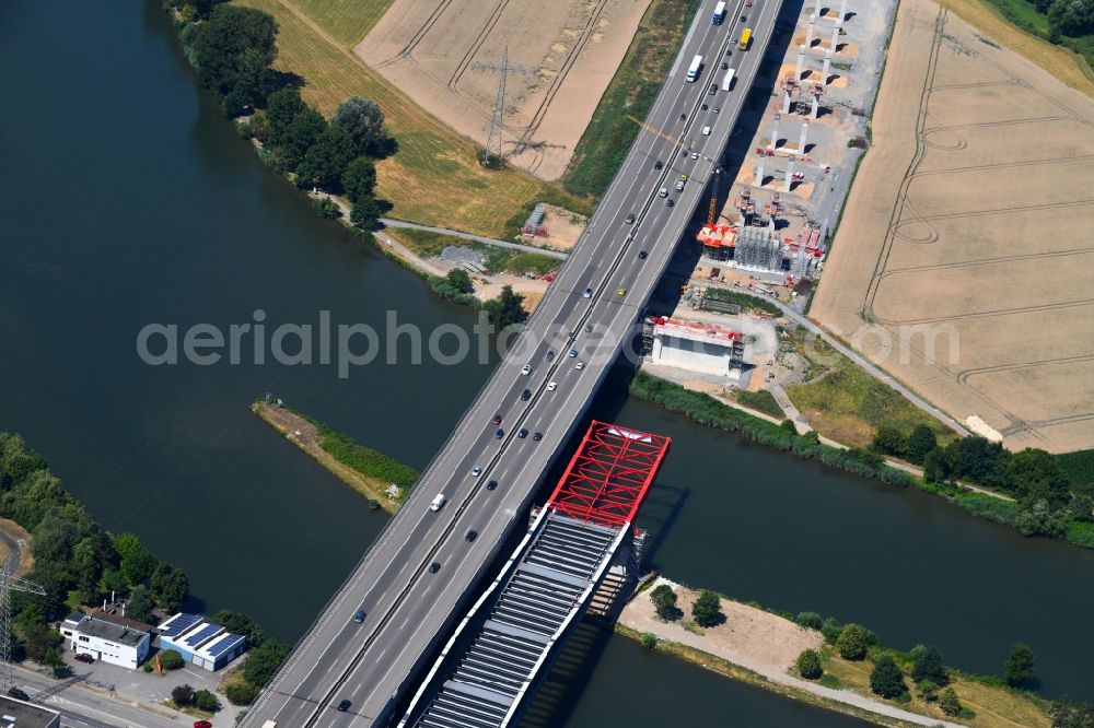 Aerial image Heilbronn - New construction of the Highway - motorway bridge of the Neckartalbruecke of BAB A6 in Heilbronn in the state Baden-Wurttemberg, Germany