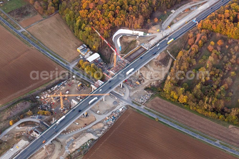 Schraudenbach from above - New construction of the motorway bridge of the A7 in Schraudenbach in the state Bavaria, Germany