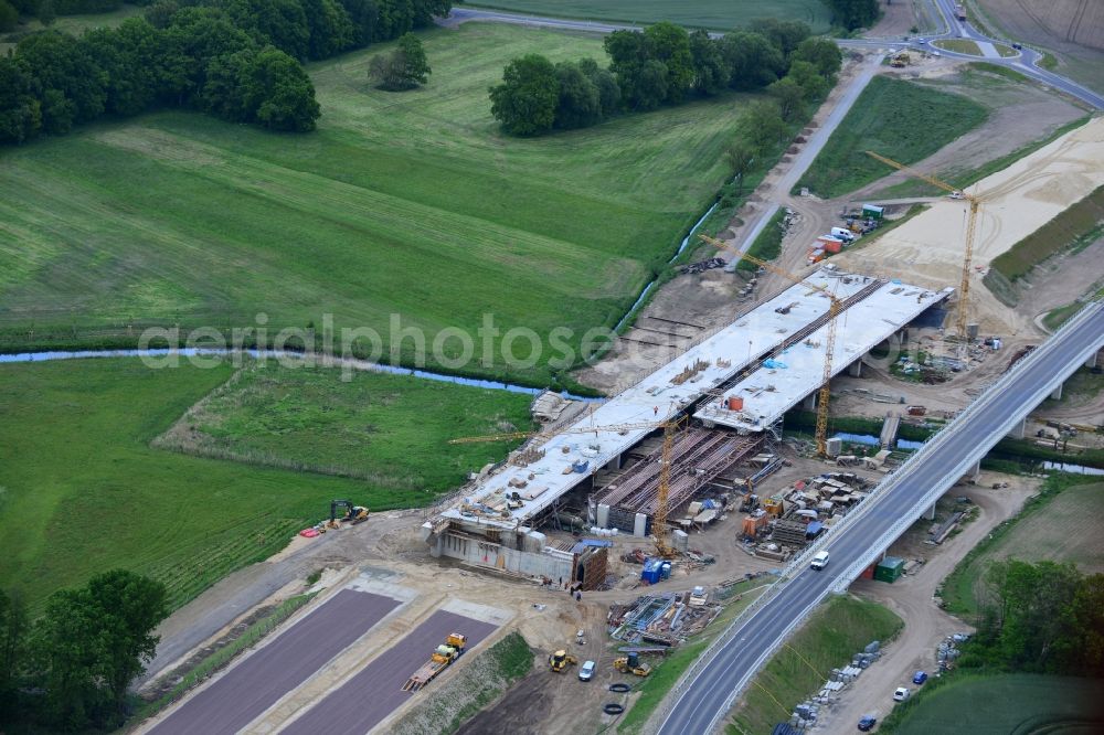 Karstädt from the bird's eye view: Highway - motorway bridge of the A 14 in Order of DEGES Deutsche Einheit Fernstrassenplanungs- and -Bau GmbH by Johann Bunte Bauunternehmung GmbH & Co. KG in the district Garlin in Karstaedt in the state Brandenburg, Germany