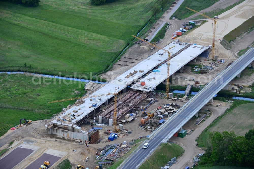 Aerial image Karstädt - Highway - motorway bridge of the A 14 in Order of DEGES Deutsche Einheit Fernstrassenplanungs- and -Bau GmbH by Johann Bunte Bauunternehmung GmbH & Co. KG in the district Garlin in Karstaedt in the state Brandenburg, Germany