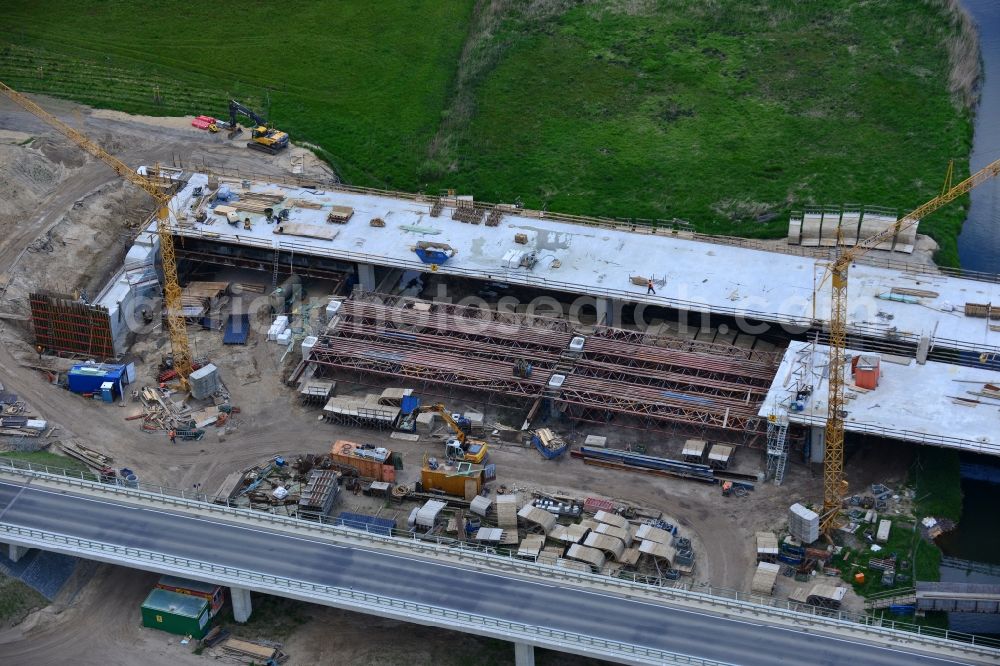 Karstädt from the bird's eye view: Highway - motorway bridge of the A 14 in Order of DEGES Deutsche Einheit Fernstrassenplanungs- and -Bau GmbH by Johann Bunte Bauunternehmung GmbH & Co. KG in the district Garlin in Karstaedt in the state Brandenburg, Germany