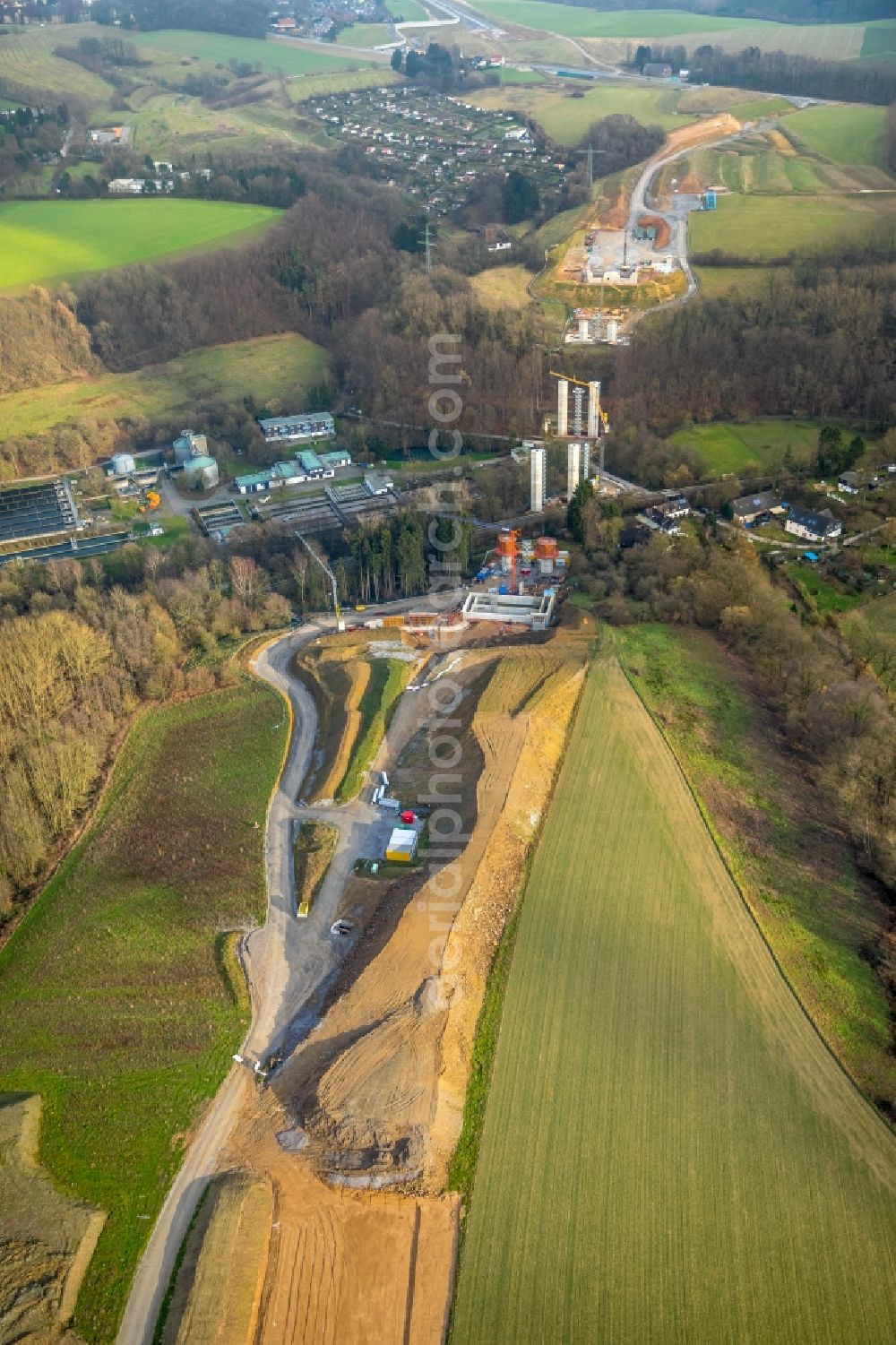 Aerial photograph Hofermühle - New construction of the Highway - motorway bridge of the BAB A44 in Hofermuehle in the state North Rhine-Westphalia, Germany