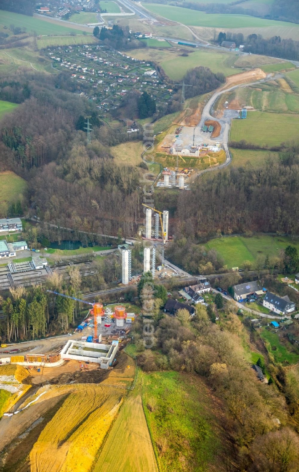 Hofermühle from above - New construction of the Highway - motorway bridge of the BAB A44 in Hofermuehle in the state North Rhine-Westphalia, Germany