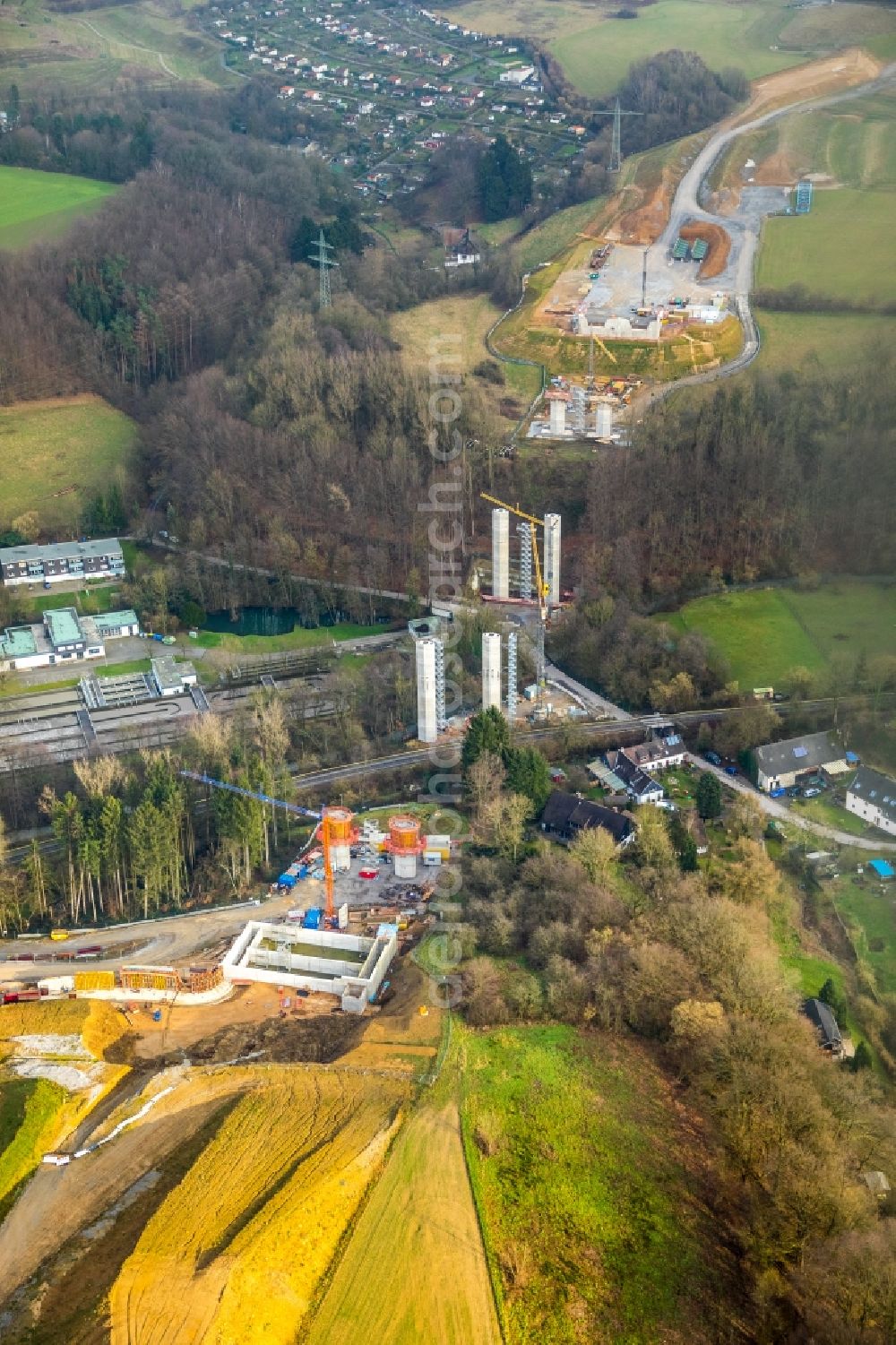 Hofermühle from the bird's eye view: New construction of the Highway - motorway bridge of the BAB A44 in Hofermuehle in the state North Rhine-Westphalia, Germany