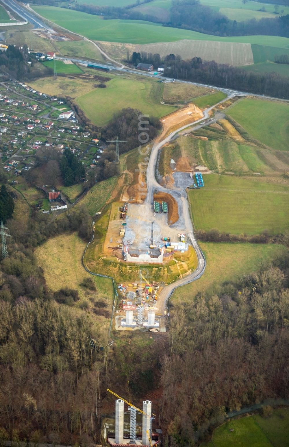 Hofermühle from above - New construction of the Highway - motorway bridge of the BAB A44 in Hofermuehle in the state North Rhine-Westphalia, Germany