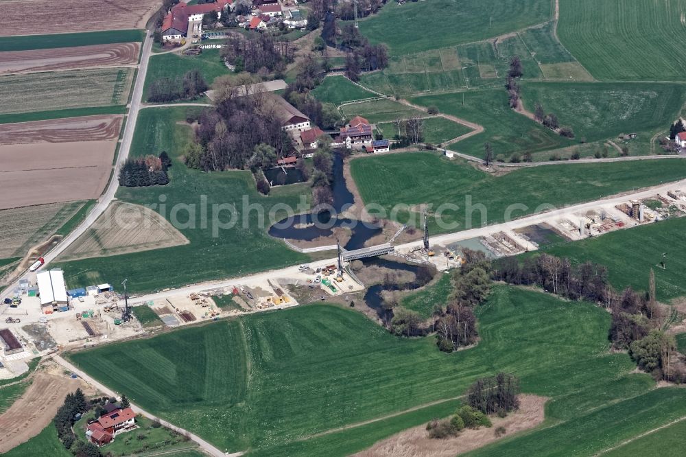 Lengdorf from above - New construction of the Highway - motorway bridge of the A 49 - Isentalbruecke in Lengdorf in the state Bavaria