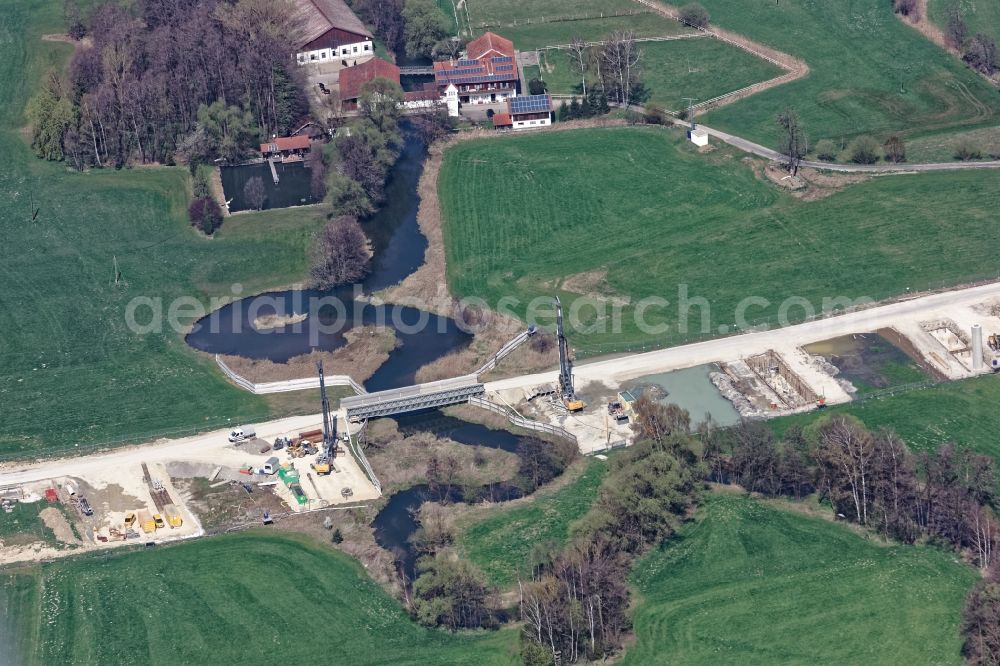 Lengdorf from the bird's eye view: New construction of the Highway - motorway bridge of the A 49 - Isentalbruecke in Lengdorf in the state Bavaria