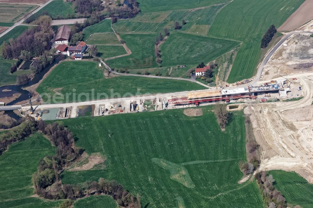 Aerial image Lengdorf - New construction of the Highway - motorway bridge of the A 49 - Isentalbruecke in Lengdorf in the state Bavaria