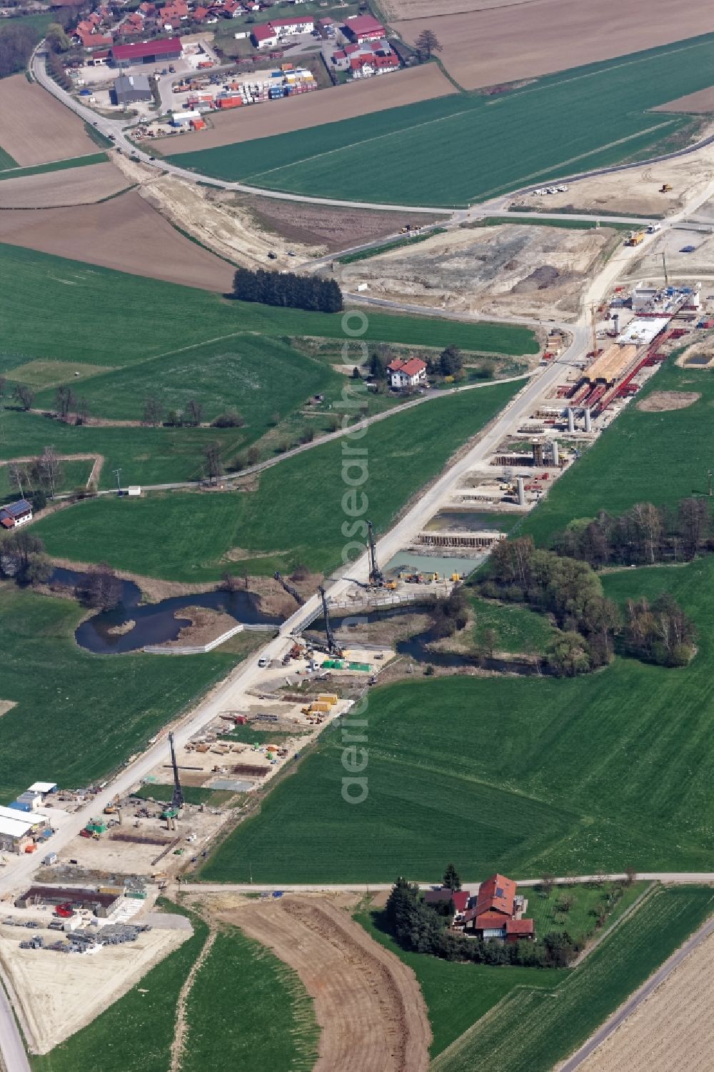 Lengdorf from above - New construction of the Highway - motorway bridge of the A 49 - Isentalbruecke in Lengdorf in the state Bavaria