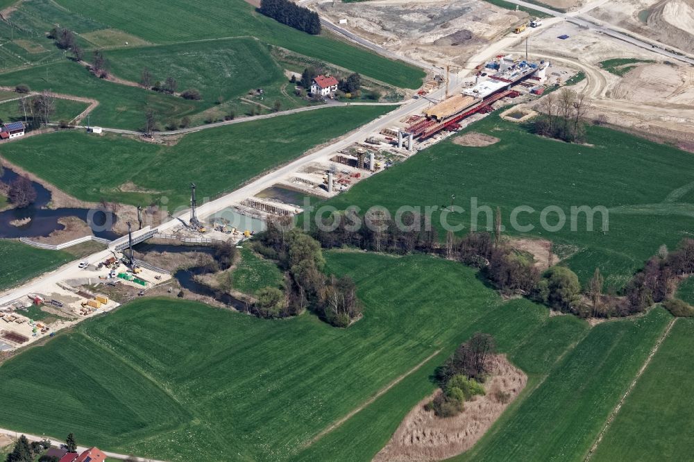 Lengdorf from the bird's eye view: New construction of the Highway - motorway bridge of the A 49 - Isentalbruecke in Lengdorf in the state Bavaria