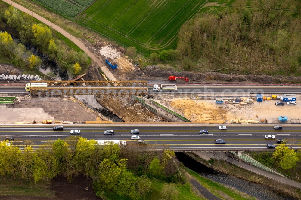 Aerial photograph Kamen - New construction of the Highway - motorway bridge of the BAB A2 in Kamen in the state North Rhine-Westphalia, Germany