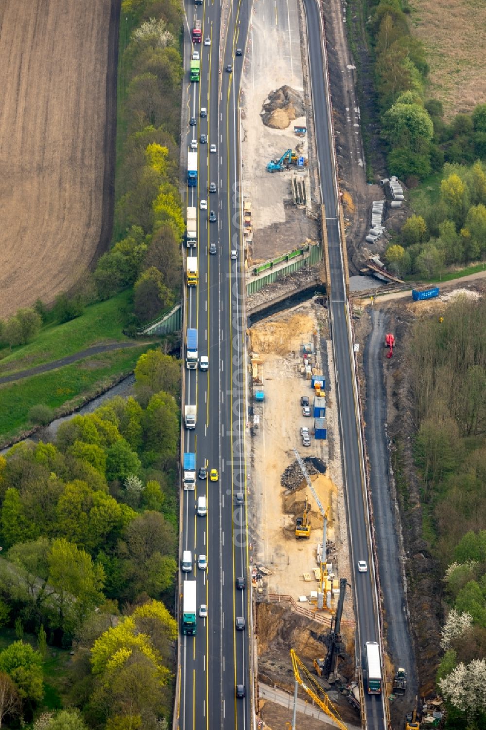 Kamen from above - New construction of the Highway - motorway bridge of the BAB A2 in Kamen in the state North Rhine-Westphalia, Germany