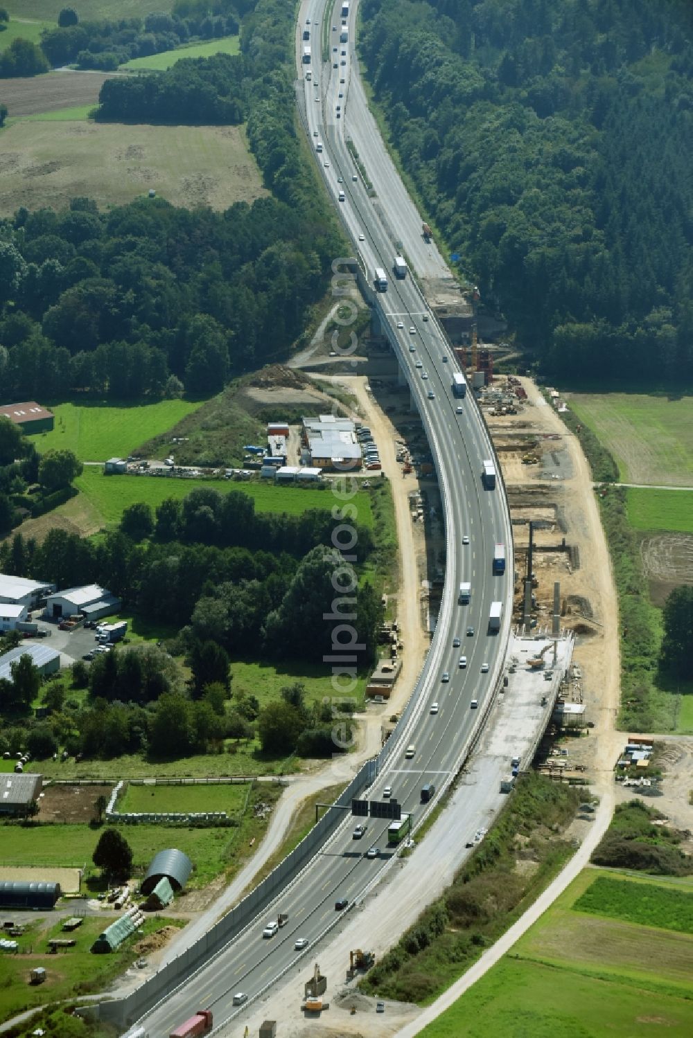 Münchholzhausen from the bird's eye view: New construction of the Highway - motorway bridge of the A 45 in Muenchholzhausen in the state Hesse, Germany