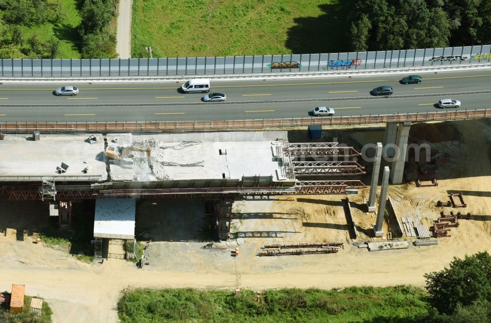 Münchholzhausen from the bird's eye view: New construction of the Highway - motorway bridge of the A 45 in Muenchholzhausen in the state Hesse, Germany