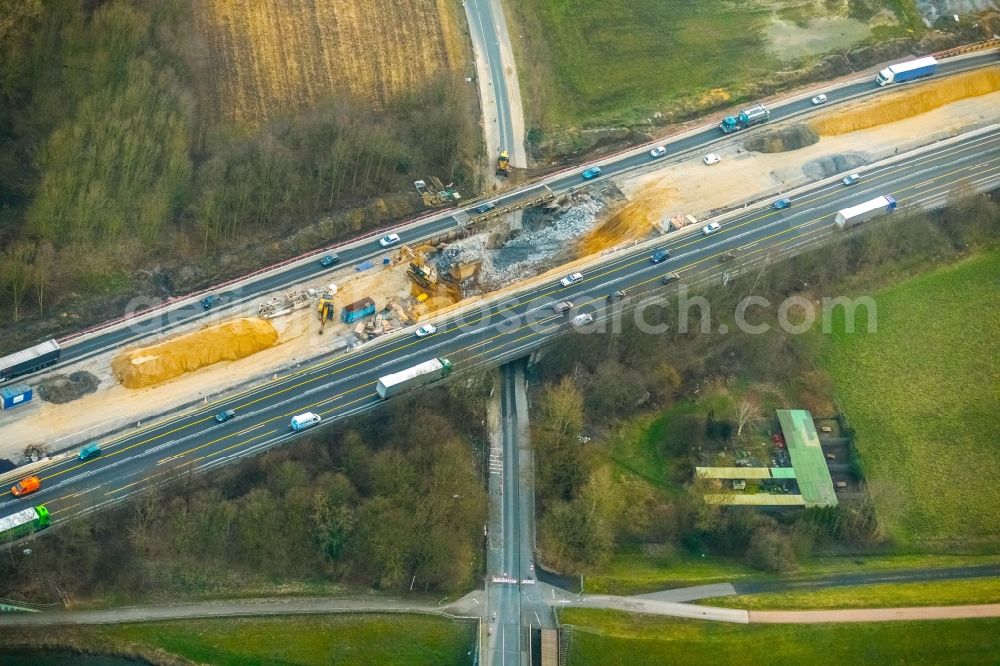 Aerial image Kamen - New construction of the Highway - motorway bridge of the BAB A2 in the district Methler in Kamen in the state North Rhine-Westphalia, Germany