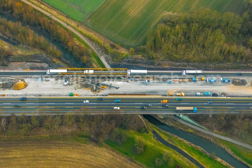 Aerial photograph Kamen - New construction of the Highway - motorway bridge of the BAB A2 in the district Methler in Kamen in the state North Rhine-Westphalia, Germany