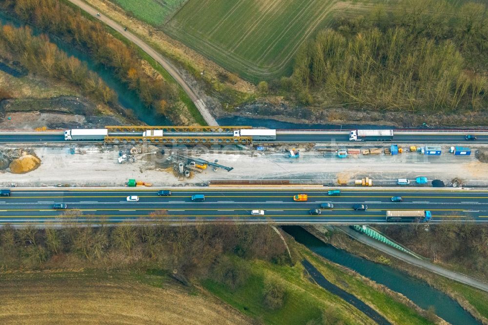 Kamen from above - New construction of the Highway - motorway bridge of the BAB A2 in the district Methler in Kamen in the state North Rhine-Westphalia, Germany