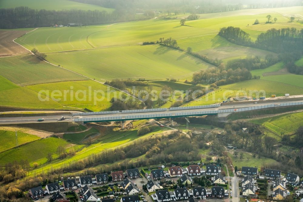 Heiligenhaus from above - New construction of the Highway - motorway bridge of the A44 Huelsbecker Strasse in Heiligenhaus in the state North Rhine-Westphalia, Germany