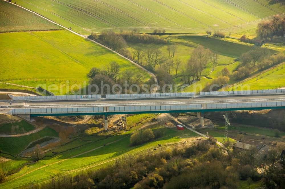 Heiligenhaus from the bird's eye view: New construction of the Highway - motorway bridge of the A44 Huelsbecker Strasse in Heiligenhaus in the state North Rhine-Westphalia, Germany