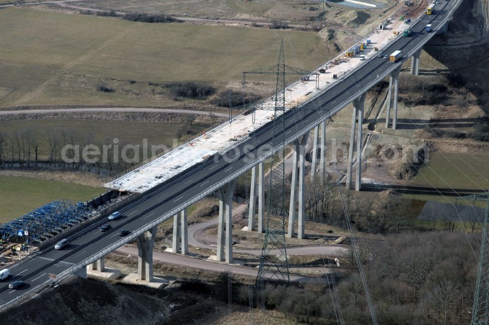 Ettenhausen from the bird's eye view: New construction of the Highway - motorway bridge of the Nesseltabruecke of BAB A4 / E40 in Ettenhausen in the state Thuringia, Germany