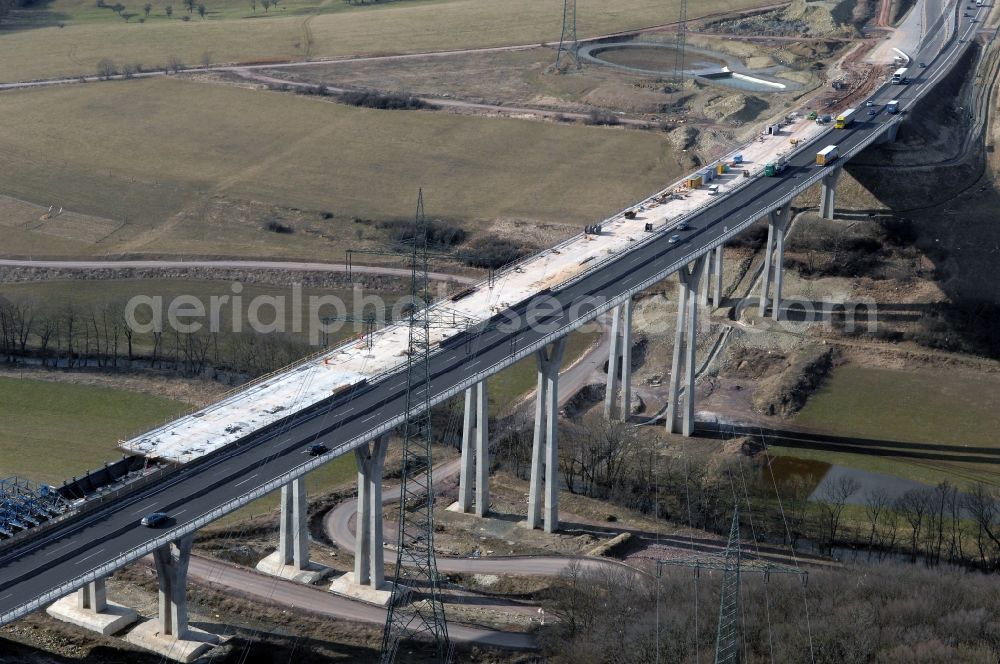 Aerial image Ettenhausen - New construction of the Highway - motorway bridge of the Nesseltabruecke of BAB A4 / E40 in Ettenhausen in the state Thuringia, Germany