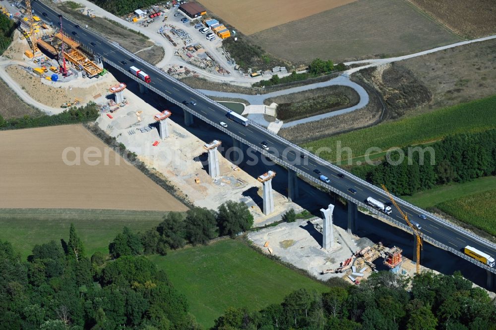 Rimpar from above - New construction of the Highway - motorway bridge of the Talbruecke Pleichach in Rimpar in the state Bavaria, Germany