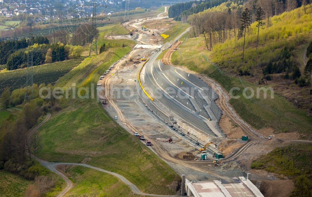 Bestwig from the bird's eye view: Construction site of the autobahn course of the BAB A46 in the district Ostwig in Bestwig in the state North Rhine-Westphalia