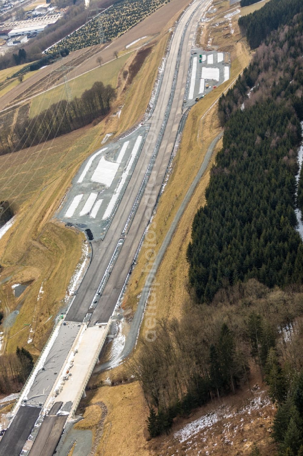 Bestwig from the bird's eye view: Construction site of the autobahn course of the BAB A46 in the district Ostwig in Bestwig in the state North Rhine-Westphalia