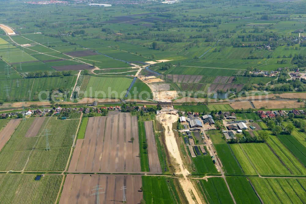 Buxtehude from above - Construction site for new construction on the motorway route of the motorway A26 exit in the district Eilendorf in Buxtehude in the state of Lower Saxony, Germany